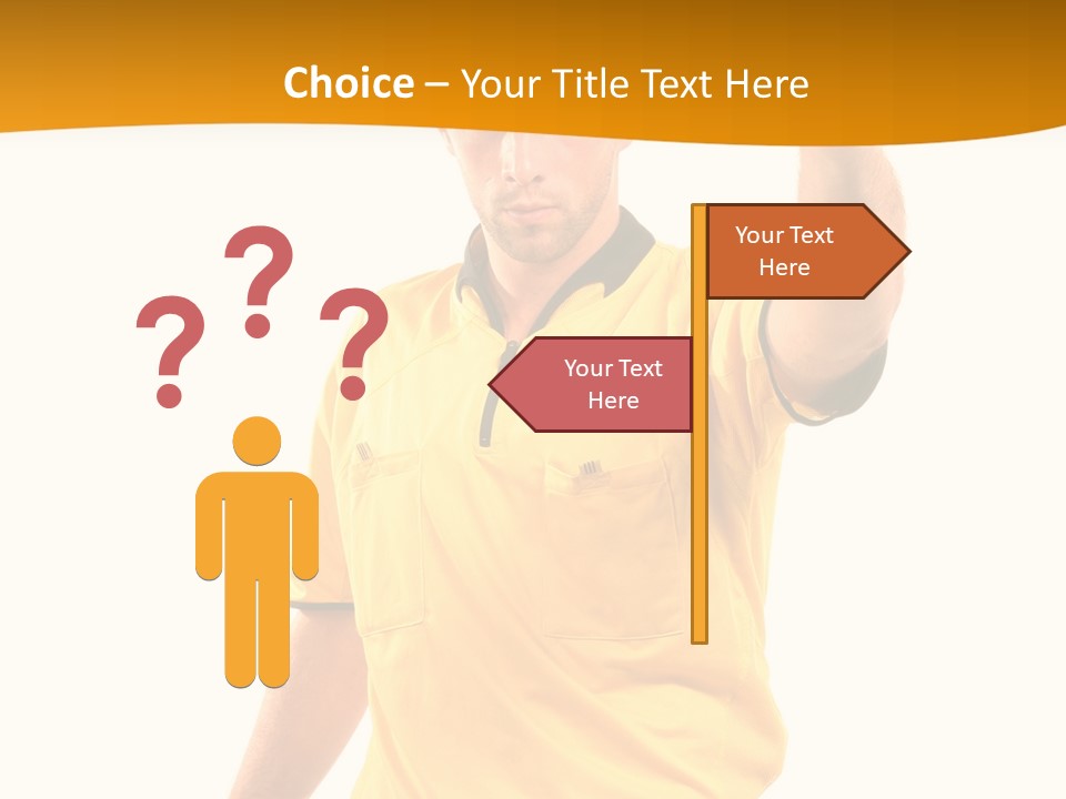 A Man In A Yellow Shirt Holding A Red Card PowerPoint Template