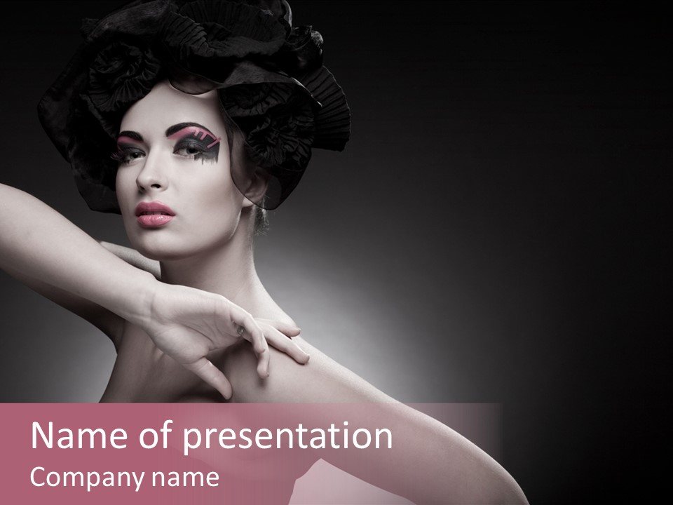 A Woman In A Black Dress With A Black Hat On Her Head PowerPoint Template