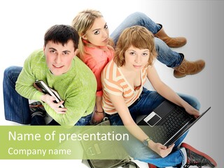 A Group Of People Sitting Next To Each Other With A Laptop PowerPoint Template