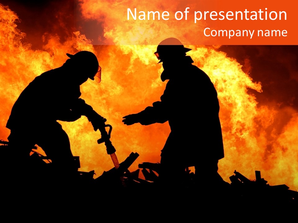 Two Fire Fighters In Silhouette Against A Blazing Background PowerPoint Template