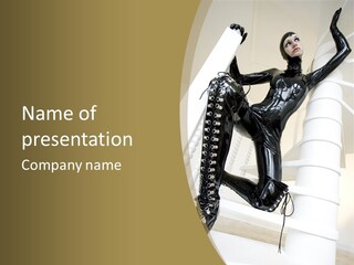 A Woman In A Black Cat Suit Is Posing On A Pole PowerPoint Template