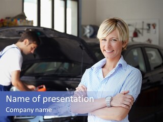 A Woman Standing Next To A Man In Front Of A Car PowerPoint Template