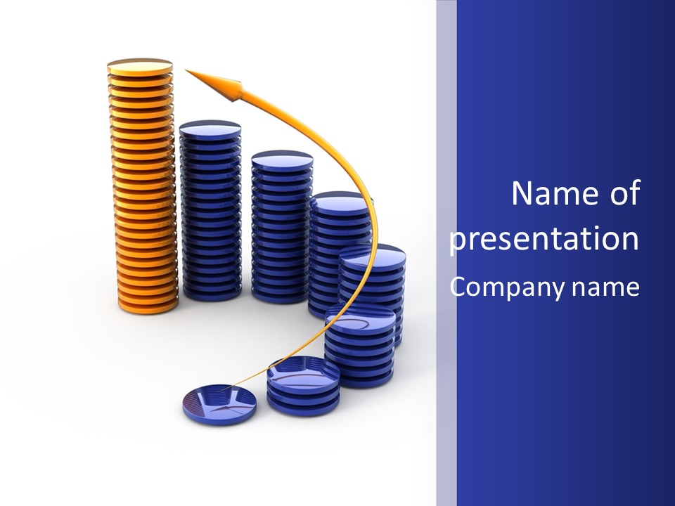 A Group Of Blue And Orange Stacks Of Coins With A Yellow Arrow On Top Of PowerPoint Template