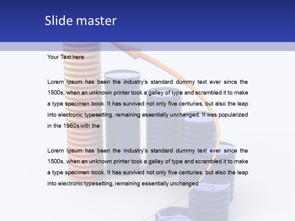 A Group Of Blue And Orange Stacks Of Coins With A Yellow Arrow On Top Of PowerPoint Template