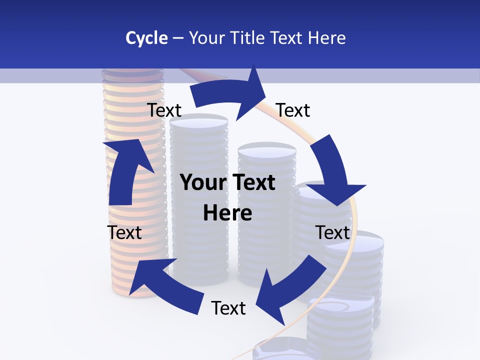 A Group Of Blue And Orange Stacks Of Coins With A Yellow Arrow On Top Of PowerPoint Template