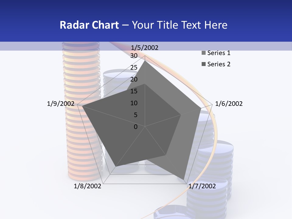 A Group Of Blue And Orange Stacks Of Coins With A Yellow Arrow On Top Of PowerPoint Template