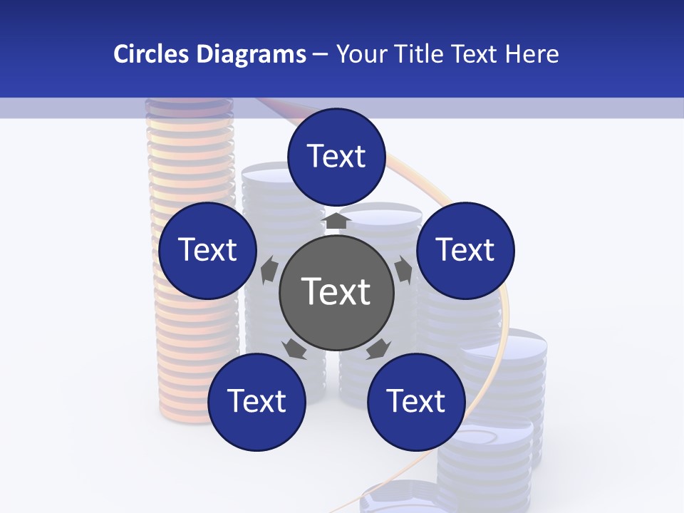 A Group Of Blue And Orange Stacks Of Coins With A Yellow Arrow On Top Of PowerPoint Template