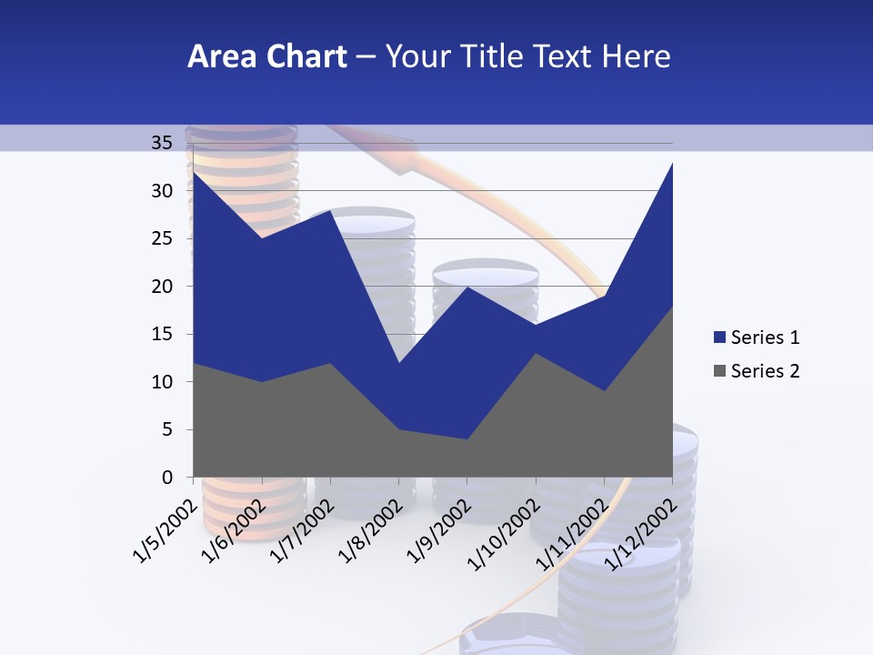 A Group Of Blue And Orange Stacks Of Coins With A Yellow Arrow On Top Of PowerPoint Template