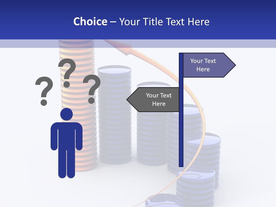 A Group Of Blue And Orange Stacks Of Coins With A Yellow Arrow On Top Of PowerPoint Template