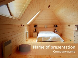 A Bedroom With Wooden Walls And A White Bed PowerPoint Template