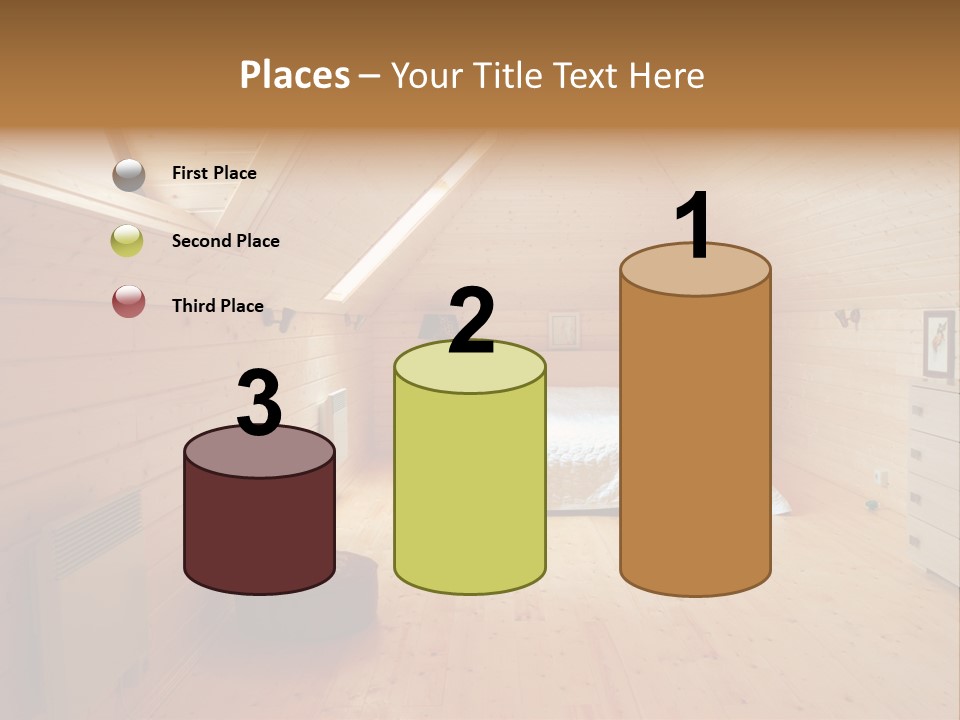 A Bedroom With Wooden Walls And A White Bed PowerPoint Template