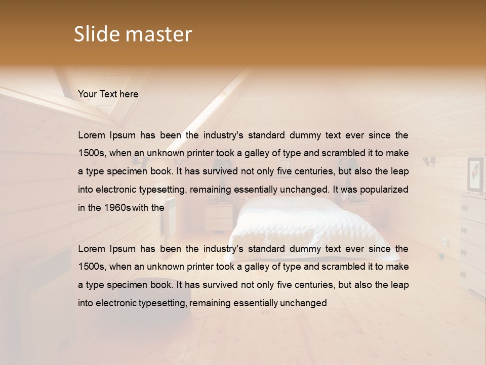 A Bedroom With Wooden Walls And A White Bed PowerPoint Template