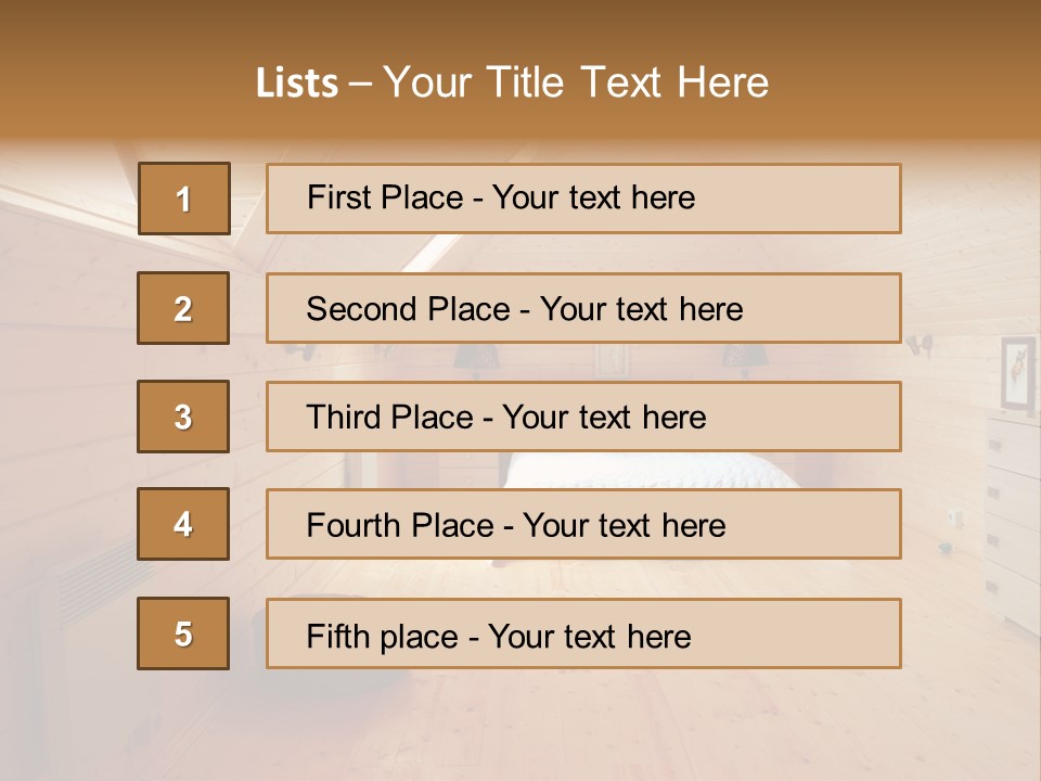 A Bedroom With Wooden Walls And A White Bed PowerPoint Template