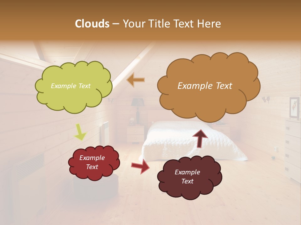 A Bedroom With Wooden Walls And A White Bed PowerPoint Template