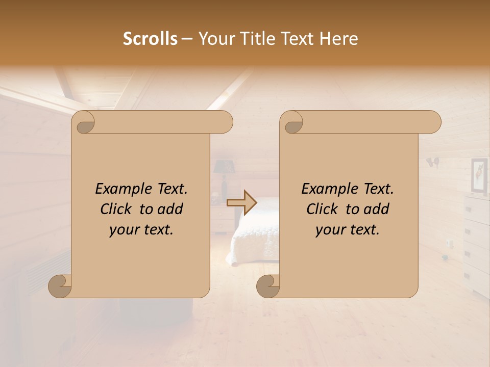 A Bedroom With Wooden Walls And A White Bed PowerPoint Template