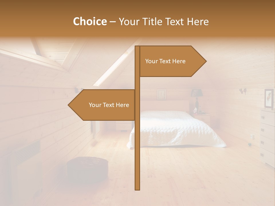 A Bedroom With Wooden Walls And A White Bed PowerPoint Template