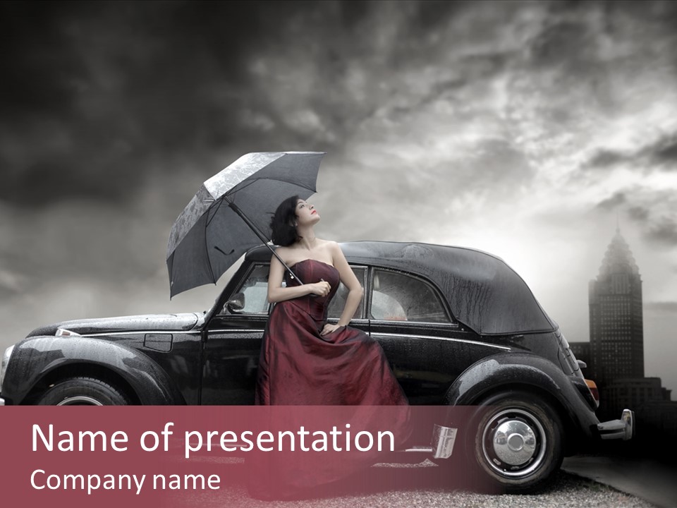 A Woman In A Red Dress Standing Next To A Car With An Umbrella PowerPoint Template