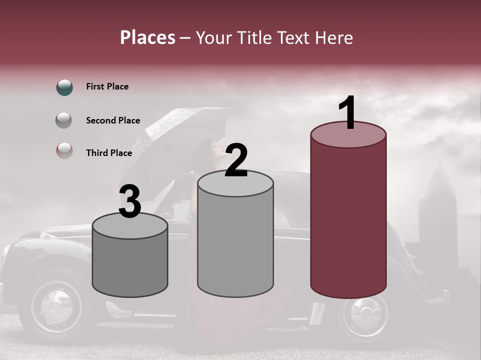 A Woman In A Red Dress Standing Next To A Car With An Umbrella PowerPoint Template