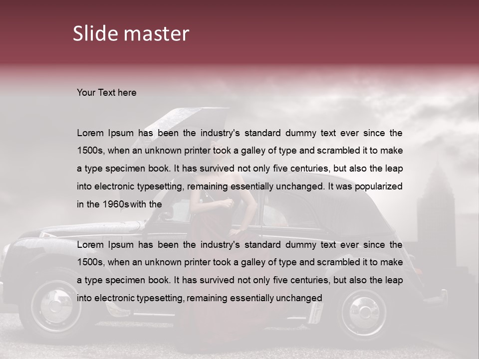 A Woman In A Red Dress Standing Next To A Car With An Umbrella PowerPoint Template