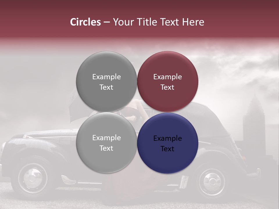 A Woman In A Red Dress Standing Next To A Car With An Umbrella PowerPoint Template