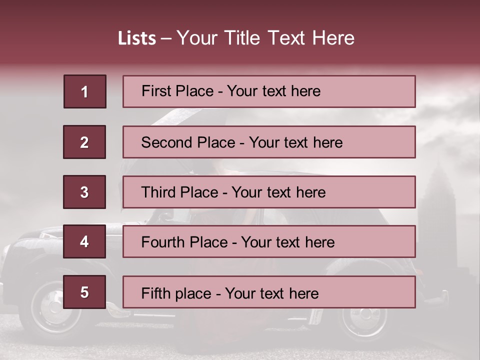 A Woman In A Red Dress Standing Next To A Car With An Umbrella PowerPoint Template