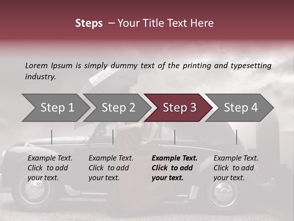 A Woman In A Red Dress Standing Next To A Car With An Umbrella PowerPoint Template