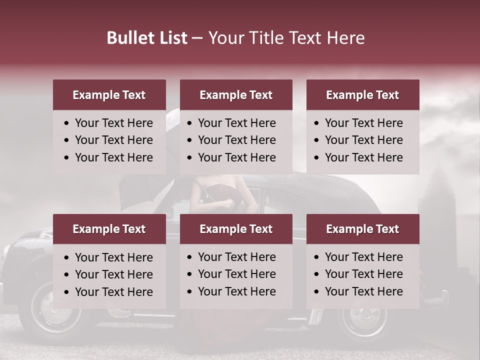 A Woman In A Red Dress Standing Next To A Car With An Umbrella PowerPoint Template