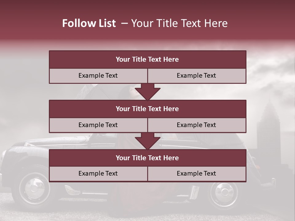 A Woman In A Red Dress Standing Next To A Car With An Umbrella PowerPoint Template