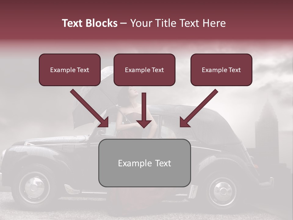 A Woman In A Red Dress Standing Next To A Car With An Umbrella PowerPoint Template
