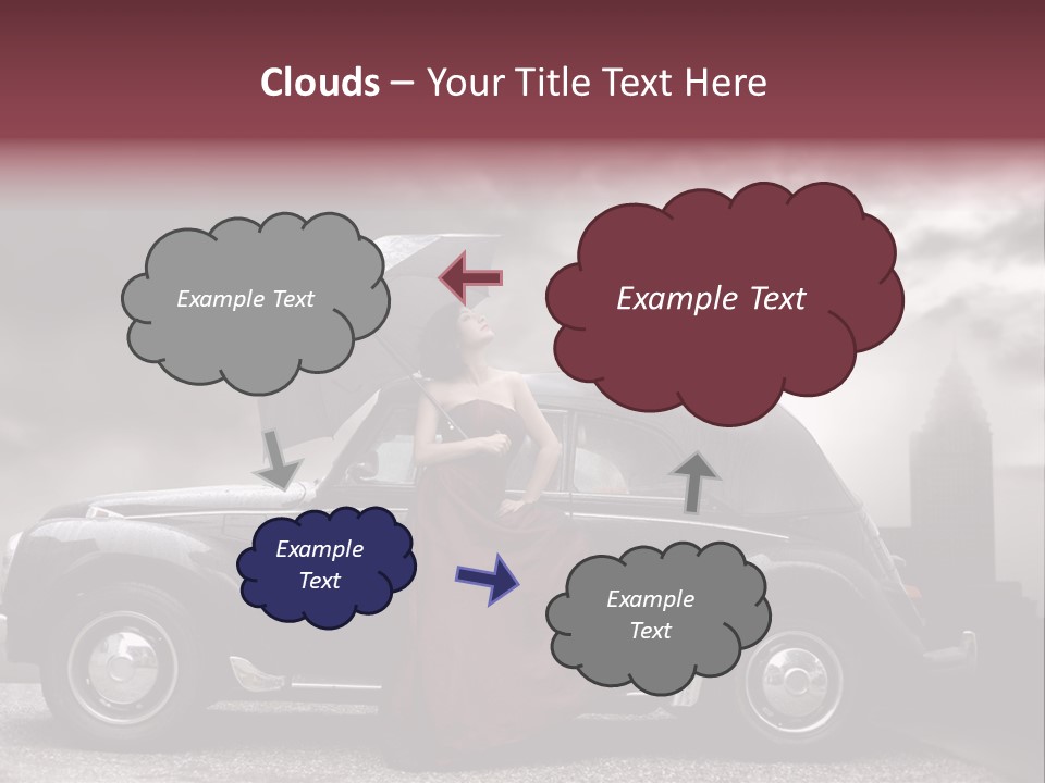 A Woman In A Red Dress Standing Next To A Car With An Umbrella PowerPoint Template