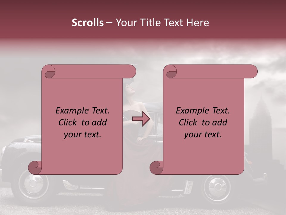 A Woman In A Red Dress Standing Next To A Car With An Umbrella PowerPoint Template