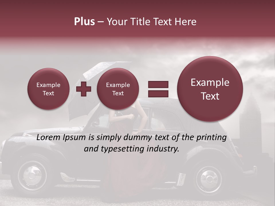 A Woman In A Red Dress Standing Next To A Car With An Umbrella PowerPoint Template