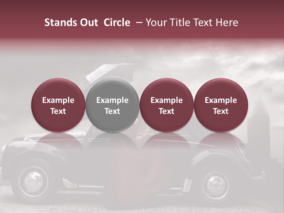 A Woman In A Red Dress Standing Next To A Car With An Umbrella PowerPoint Template