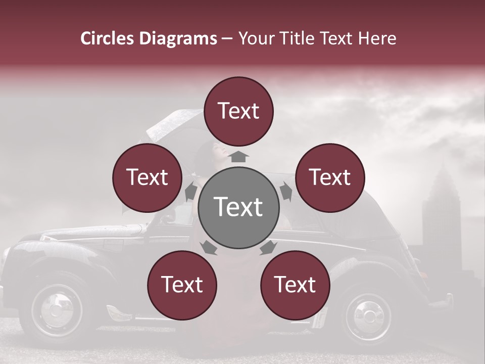 A Woman In A Red Dress Standing Next To A Car With An Umbrella PowerPoint Template