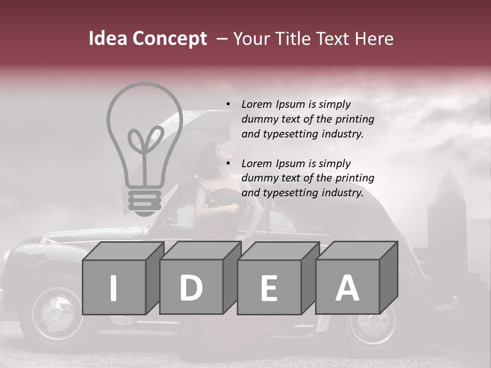 A Woman In A Red Dress Standing Next To A Car With An Umbrella PowerPoint Template