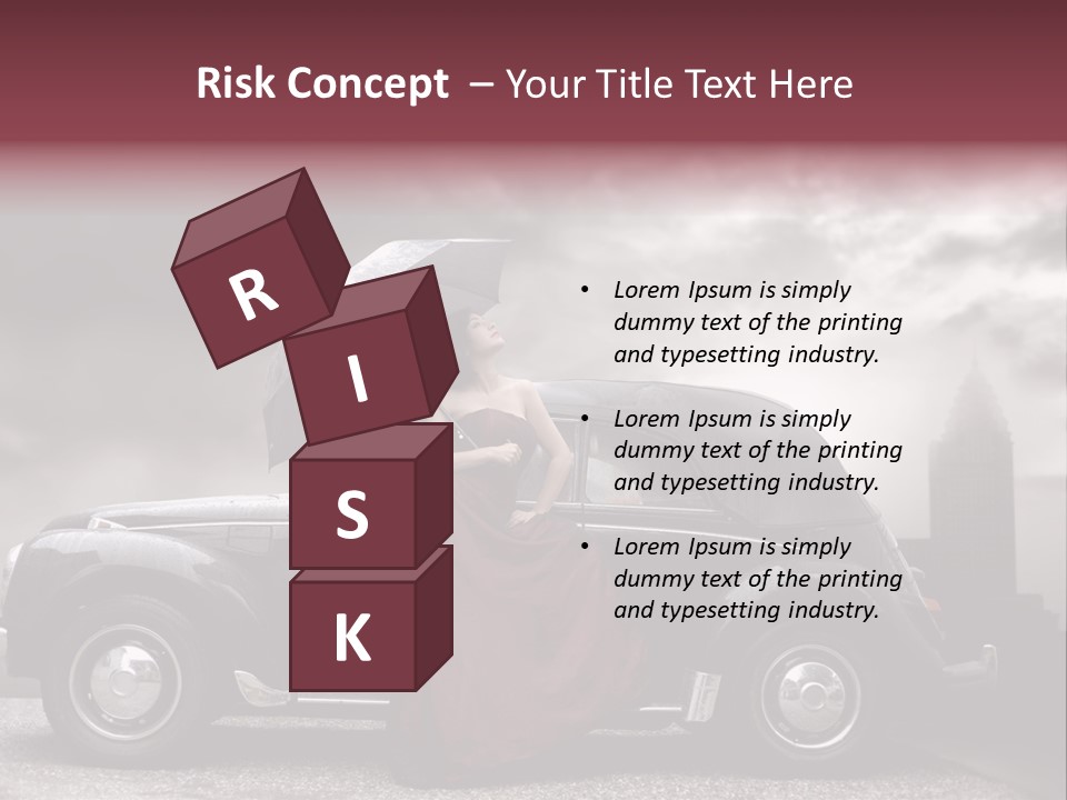 A Woman In A Red Dress Standing Next To A Car With An Umbrella PowerPoint Template