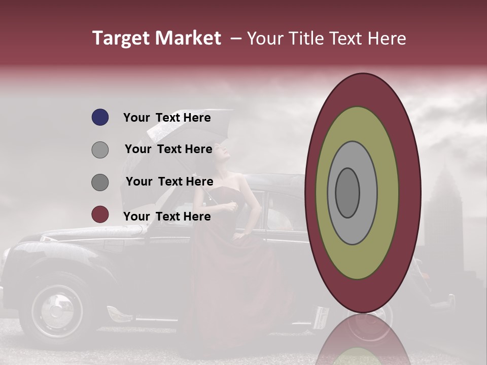 A Woman In A Red Dress Standing Next To A Car With An Umbrella PowerPoint Template
