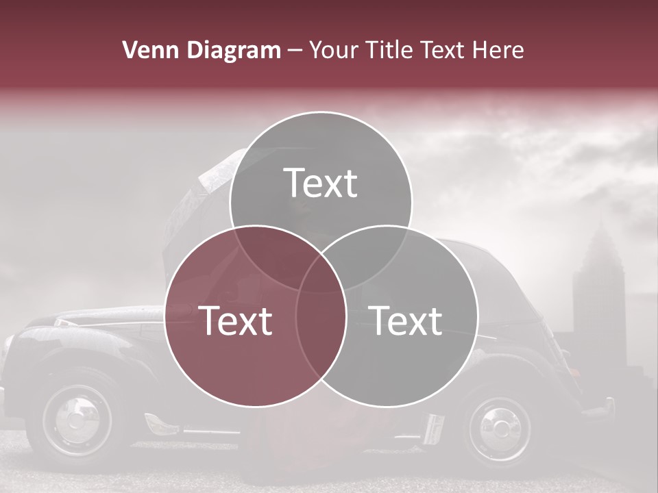 A Woman In A Red Dress Standing Next To A Car With An Umbrella PowerPoint Template