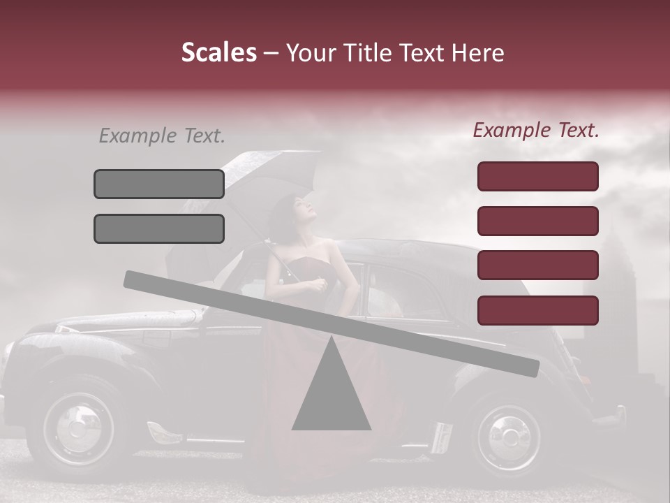 A Woman In A Red Dress Standing Next To A Car With An Umbrella PowerPoint Template