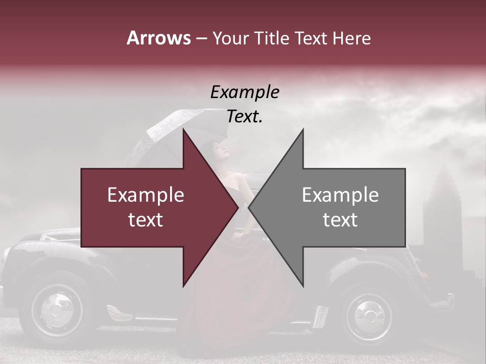 A Woman In A Red Dress Standing Next To A Car With An Umbrella PowerPoint Template