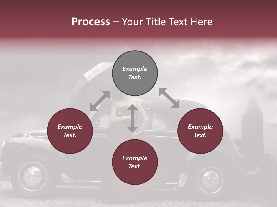 A Woman In A Red Dress Standing Next To A Car With An Umbrella PowerPoint Template