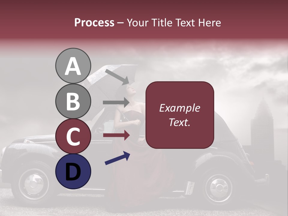 A Woman In A Red Dress Standing Next To A Car With An Umbrella PowerPoint Template