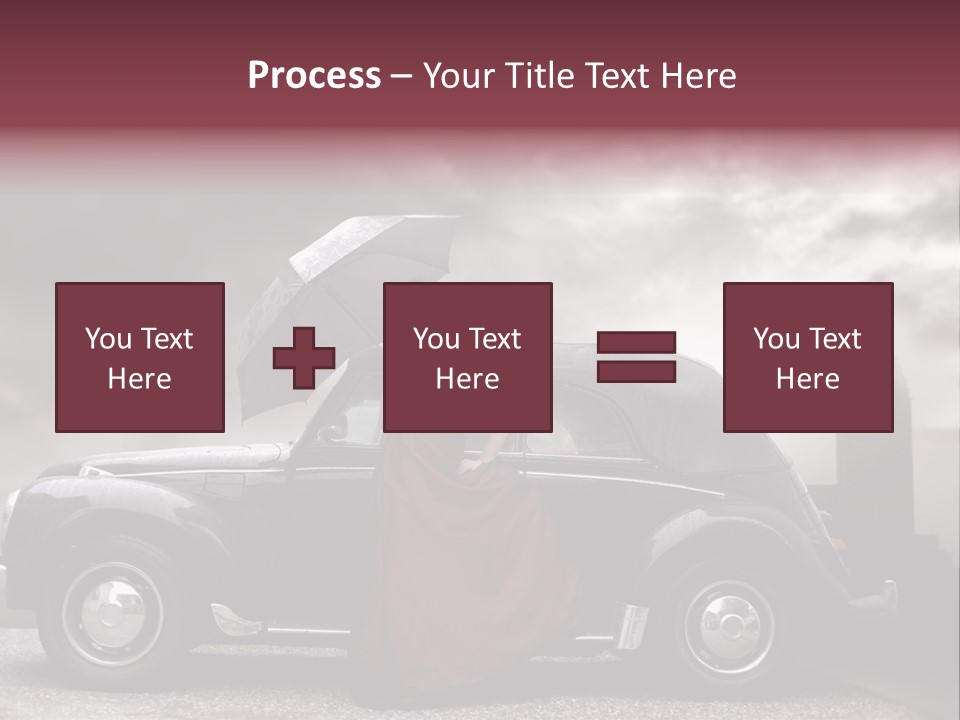 A Woman In A Red Dress Standing Next To A Car With An Umbrella PowerPoint Template