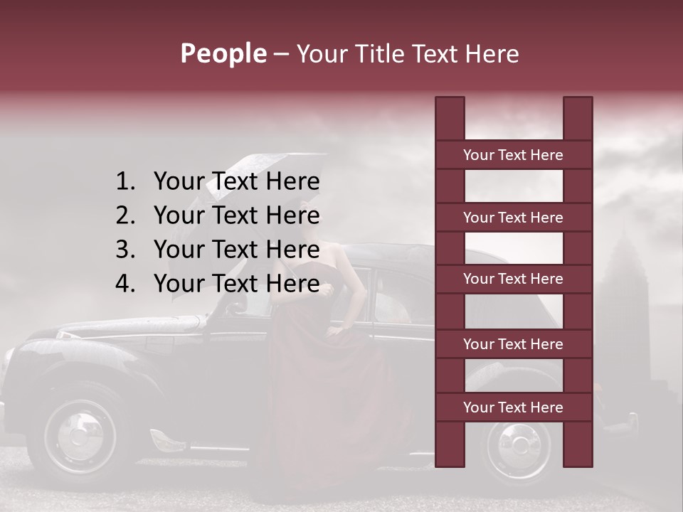 A Woman In A Red Dress Standing Next To A Car With An Umbrella PowerPoint Template