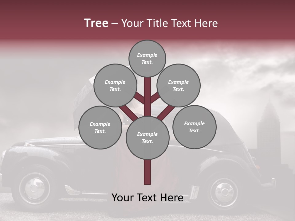 A Woman In A Red Dress Standing Next To A Car With An Umbrella PowerPoint Template