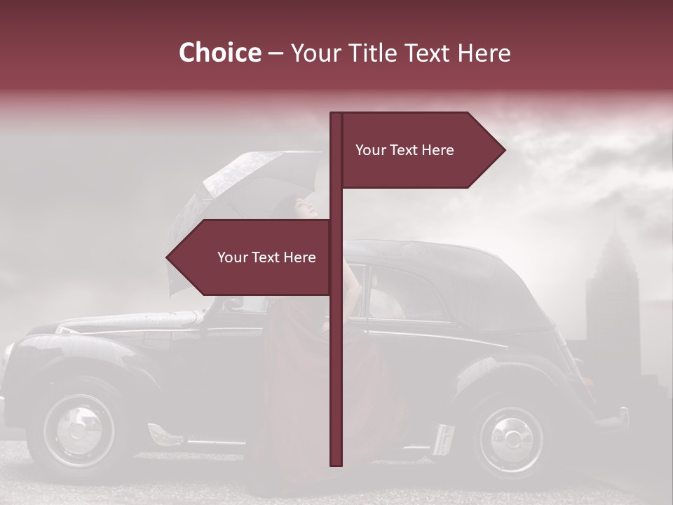 A Woman In A Red Dress Standing Next To A Car With An Umbrella PowerPoint Template