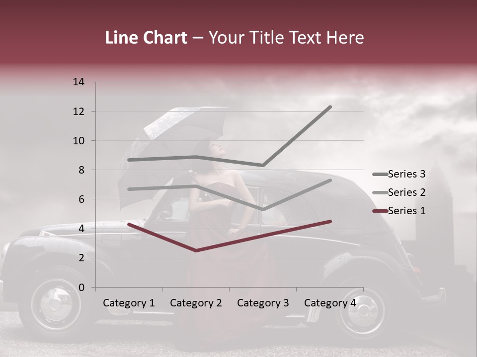 A Woman In A Red Dress Standing Next To A Car With An Umbrella PowerPoint Template