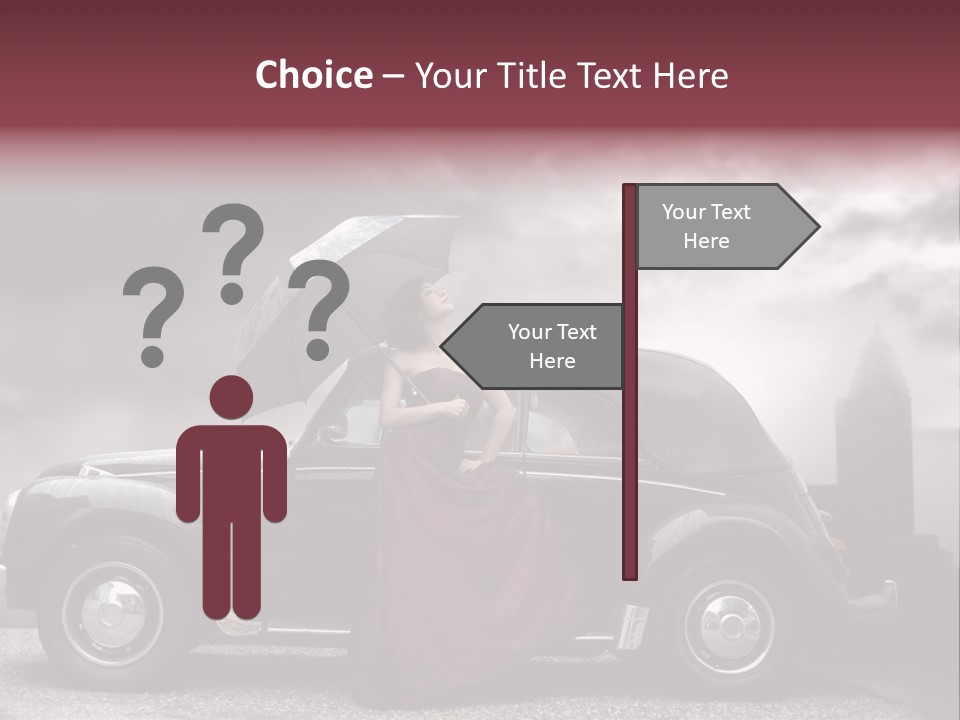 A Woman In A Red Dress Standing Next To A Car With An Umbrella PowerPoint Template