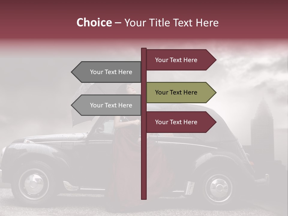 A Woman In A Red Dress Standing Next To A Car With An Umbrella PowerPoint Template