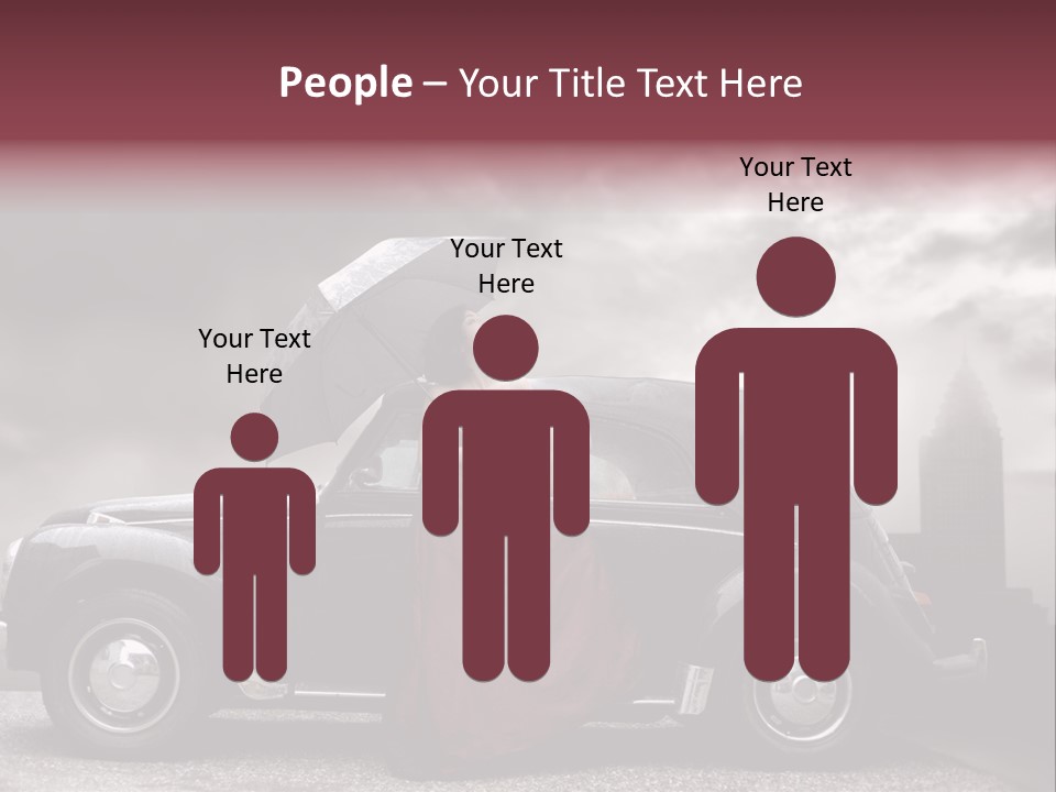 A Woman In A Red Dress Standing Next To A Car With An Umbrella PowerPoint Template